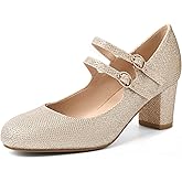 IDIFU Women's Dress Shoes for Women Pumps Mary Jane Heels Low Block Round Closed Toe Wedding Office Work