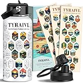 National Parks Water Bottle with Stickers, Birthday Gifts for Men and Women, 32oz Wide Mouth Leakproof Stainless Steel Bucket List Insulated Bottle for Camping & Hiking