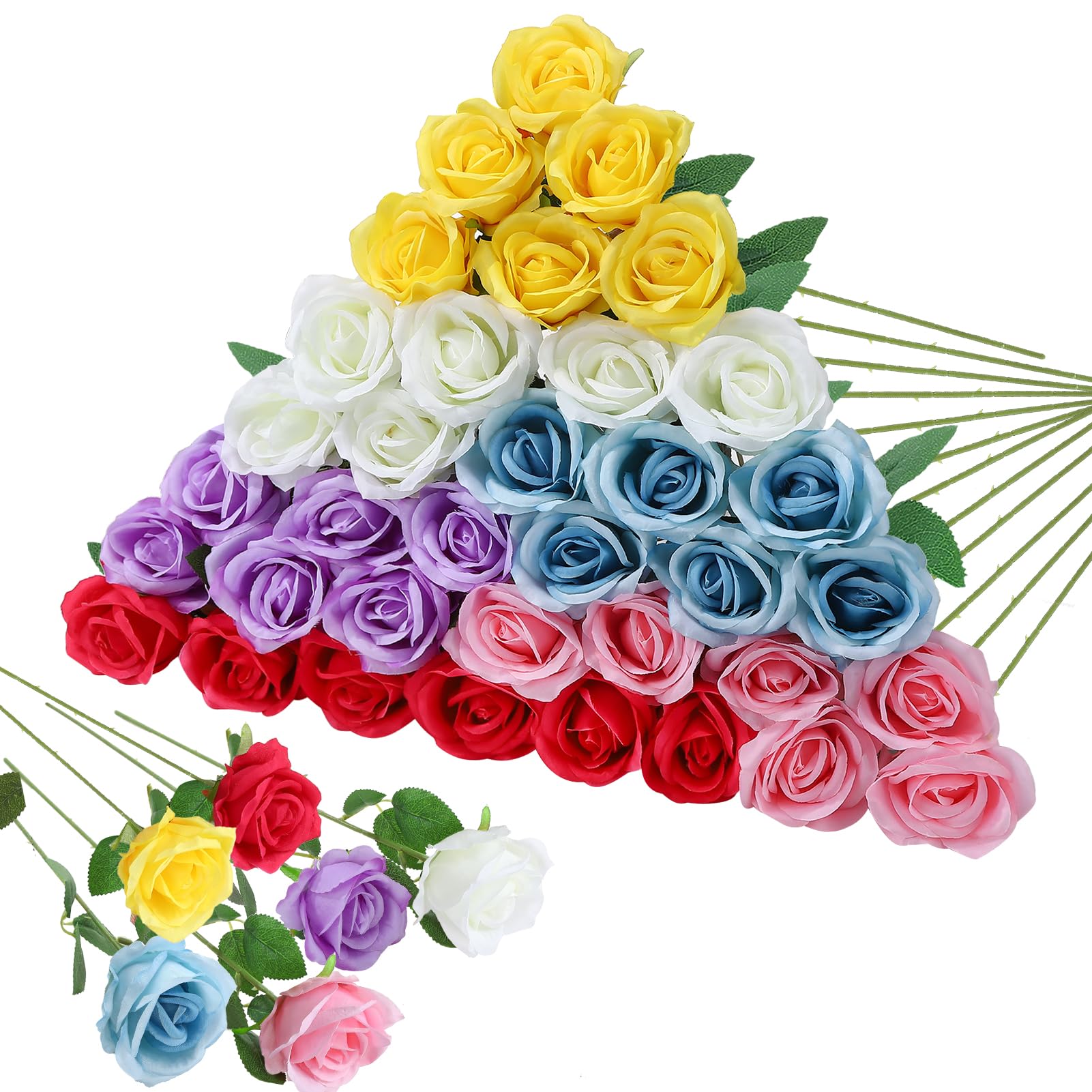 Hoemwarm 36 Pcs Mixed 6 Color Artificial Roses with Long Stems, Fake Silk Rose Artificial Flowers Bulk for Bridal Wedding Bouquet Centerpiece Ball Arrangement Party Decor