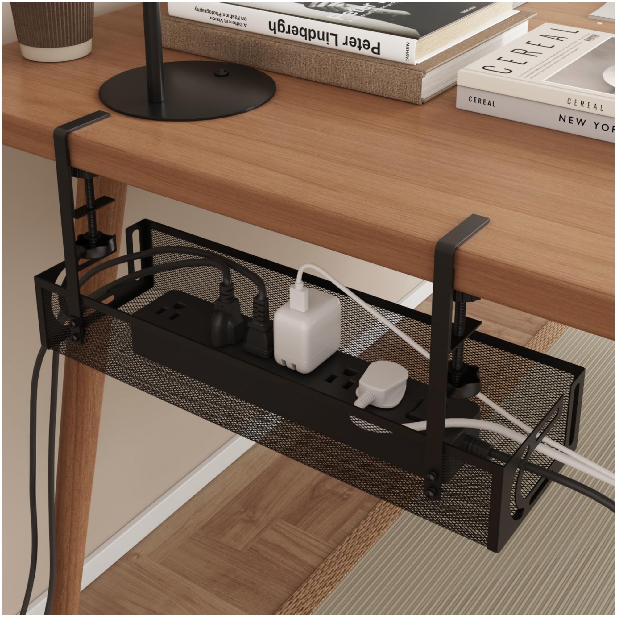 Photo 1 of Under Desk Cable Management Tray - Management Organizers Holder, Management Under, No Drill to Desk Cable Raceway, Under Storage for Office, Kitchens, Home (Black)