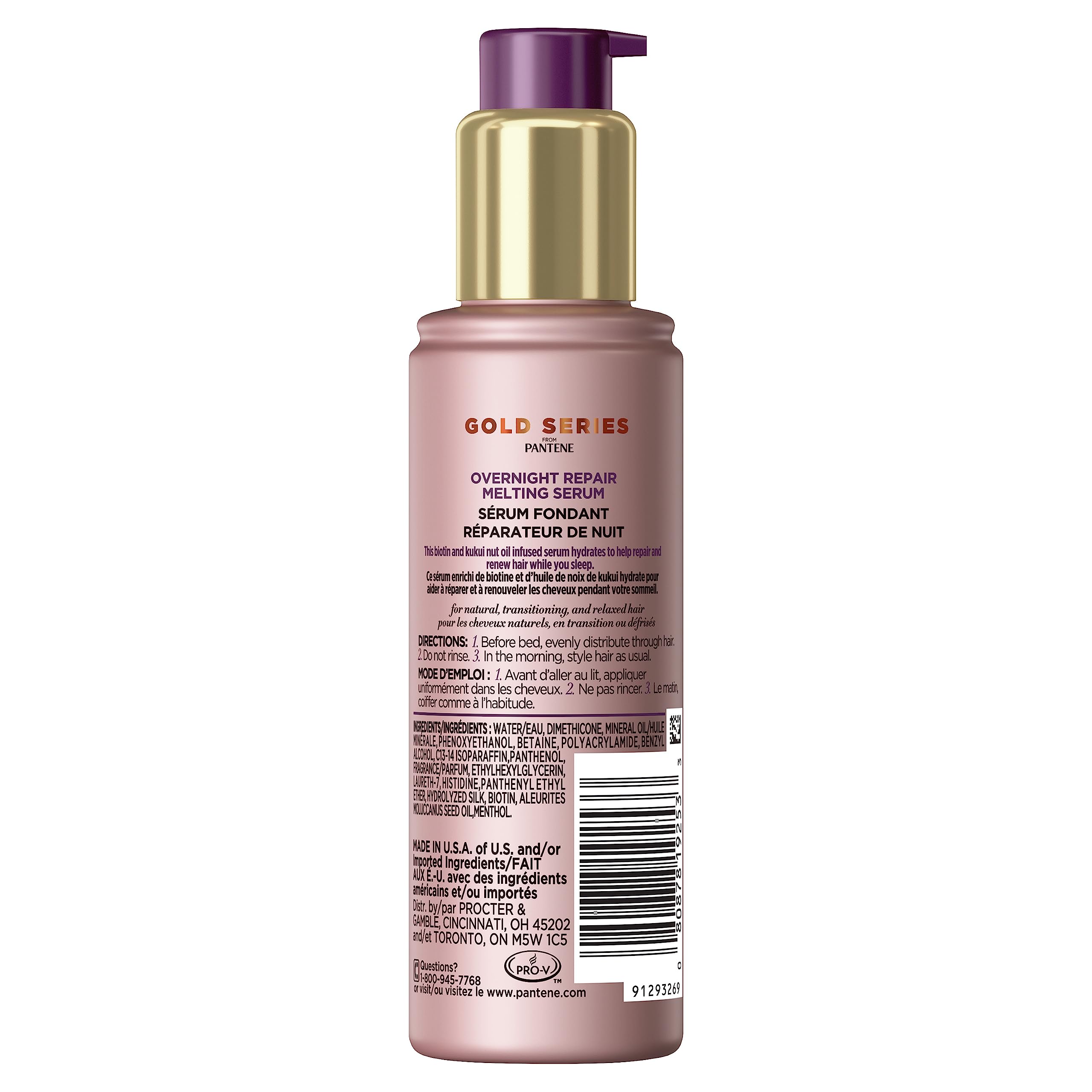 Pantene Hair Serum Gold Series Overnight Repair with Biotin and Kukui Nut Oil, Natural Products, Sulfate Free, 3.2 Fl Oz