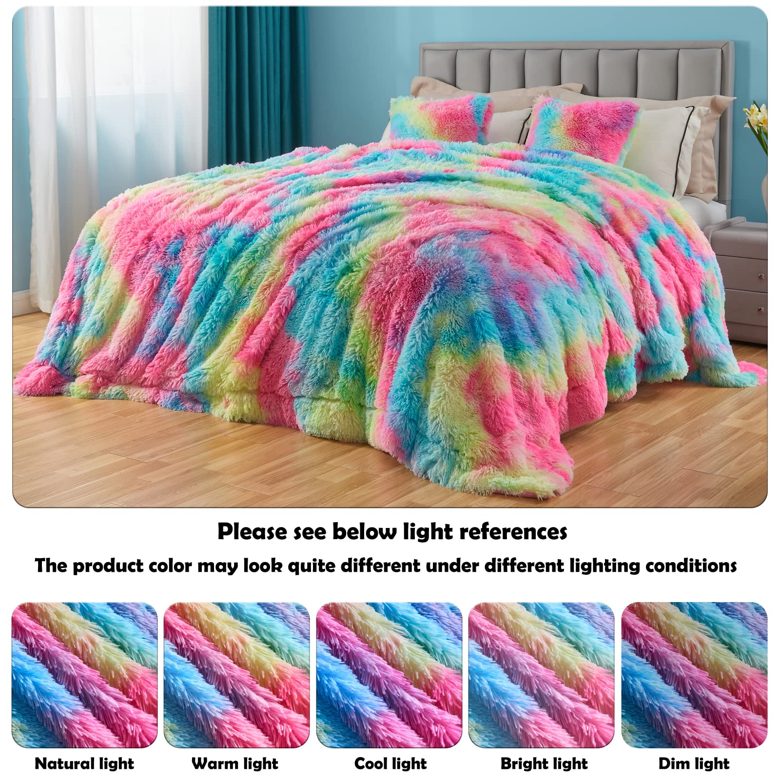 GONAAP Fuzzy Faux Fur Throw Blanket Dark Rainbow
