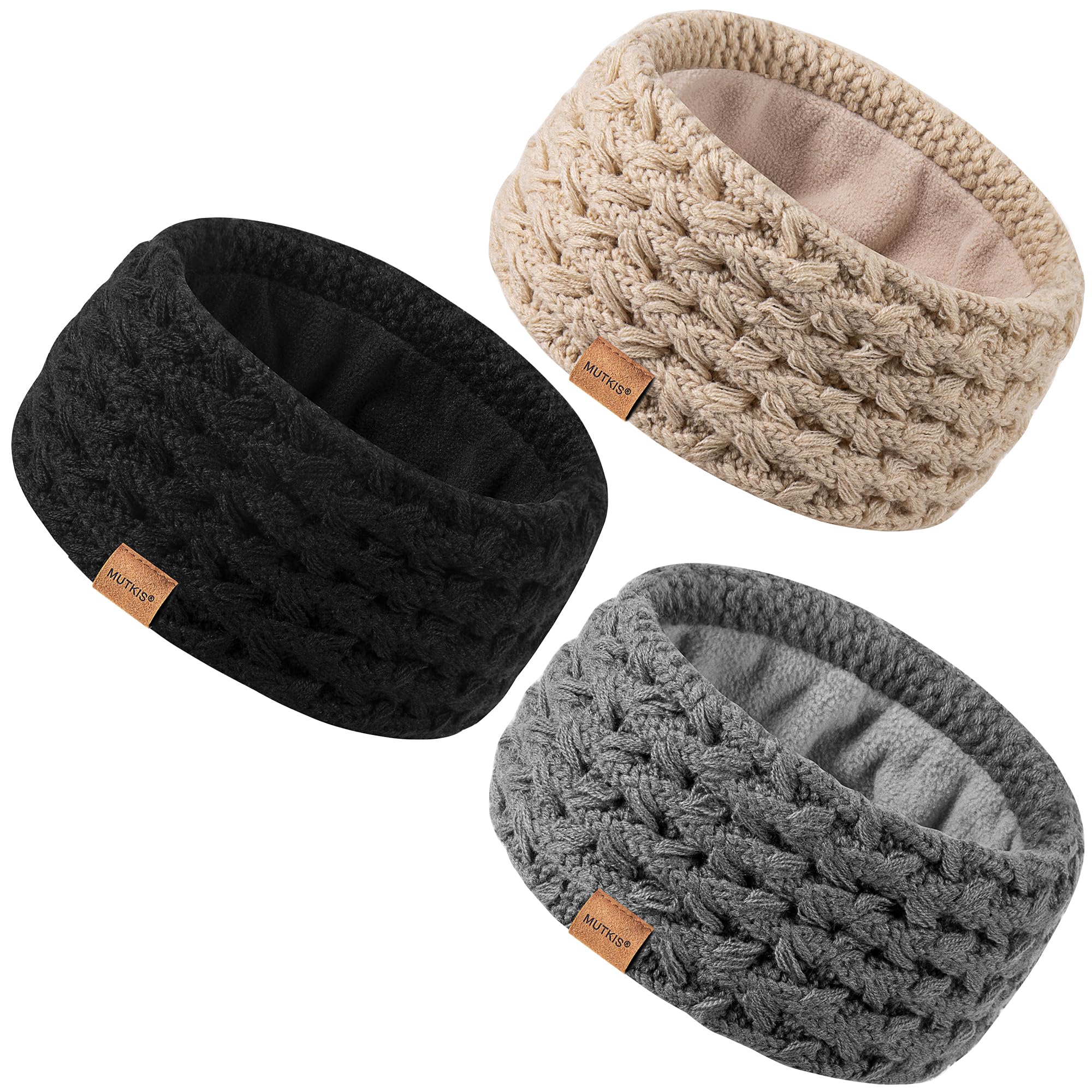Photo 1 of MUTKIS Winter Headbands for Women 3 Pack, Ear Warmers for Women Knit Thick Fleece Lined, Ear Muffs for Cold Weather Stocking Stuffs(Black&Beige&Dark Gray)