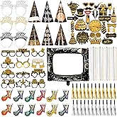 Defresit 98PCS New Year Party Supplies 2026, Happy New Year Decorations & New Years Eve Party Supplies Set with Headbands, Glasses, Hats, Noise Makers, Photo Booth Props, Black Gold Party Favor Kit