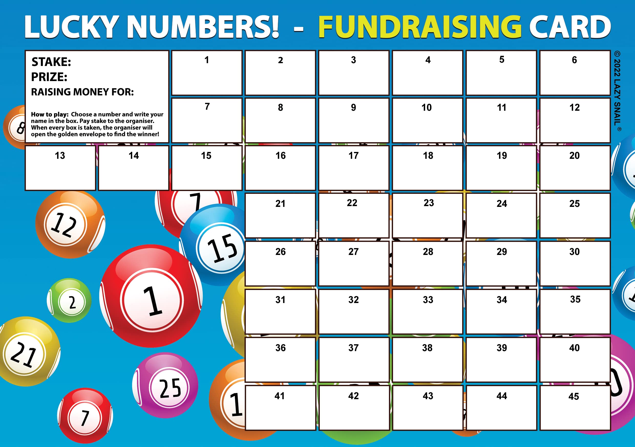Lazy Snail ‘Lucky Numbers’ Fundraising Cards – Pack of 4 (A4 Size, 45 Squares per Card) – Fun Golden Winner Envelopes – Full Colour Charity Fundraising Game for Schools, Clubs & Community Events