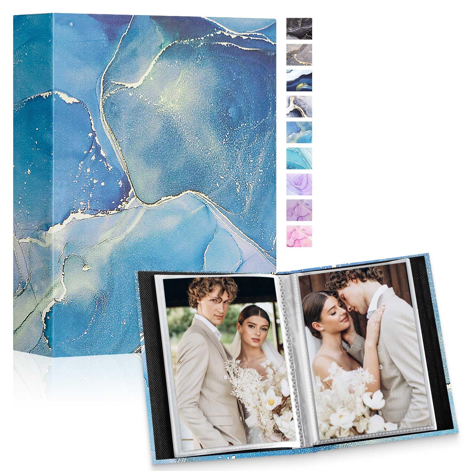 Lanpn Small Photo Albums 6x4 50 Pictures 2 Packs, Mini Capacity Leather Photo Book Pockets Set, Each Pack holds 50 Top Loader Vertical Pictures for Family Baby Kids Boy Girl Blue Gold