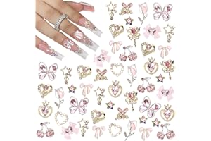 CUBLIVE 24PCS Nail Charms Y2k Alloy Nail Art Rhinestone Charms 3D Heart Star Bow with Rhinestones Cherry Nails Gems Shiny Jewelry Nails Decorations Accessories Supplies (AD24)