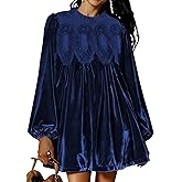 Freyhem Womens A-Line Velvet Lace Overall Pleated Swing Babydoll Casual Skirtall Scallop Neck Flared Wedding Mini Dress