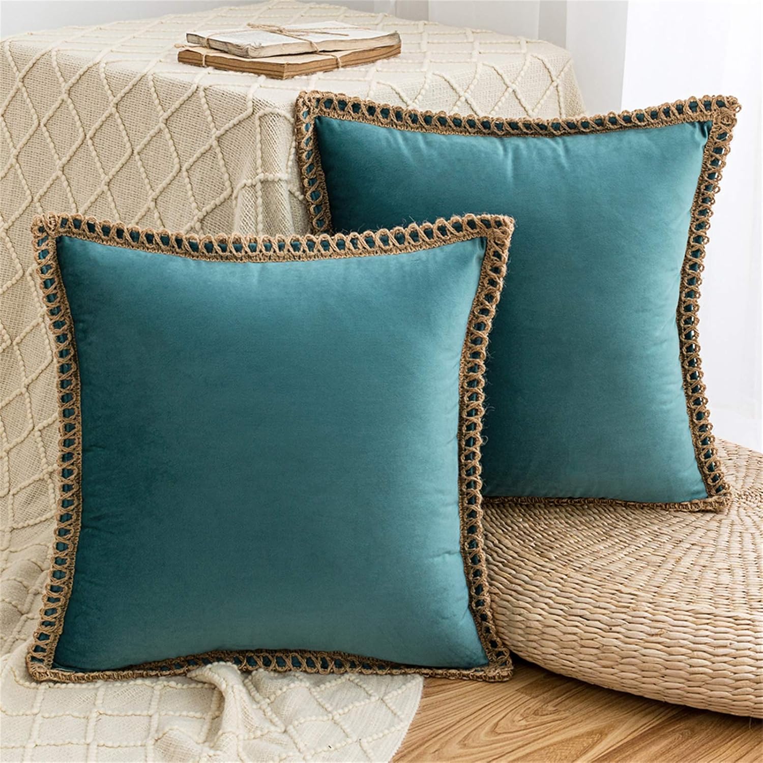 AQOTHES Pack of 2 Velvet Decorative Farmhouse Burlap Trimmed Tailored Edges Decor Pillow Cover Cushion Throw Pillows for Couch Sofa, 18 x 18 Inch, Teal