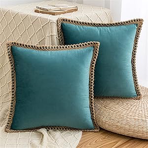 AQOTHES Pack of 2 Velvet Decorative Farmhouse Burlap Trimmed Tailored Edges Decor Pillow Cover Cushion Throw Pillows for Couch Sofa, 18 x 18 Inch, Teal