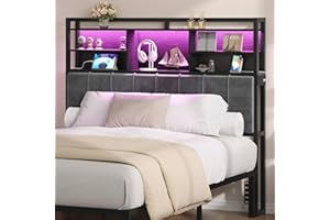 Hzuaneri Headboard with 3-Tier Storage Shelves, Velvet Upholstered Head Board with 2 Outlets, USB Ports & LED Light, Soft Backrest for Queen Size Bed, Black BH15204B