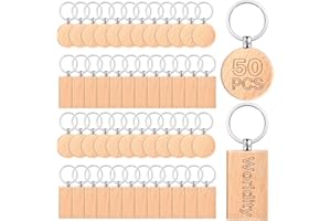 Worldity 50 Pcs Wooden Keychain, Unfinished Laser Engraving Blanks with Key Rings, Round & Rectangle Wooden Keychain Blanks f