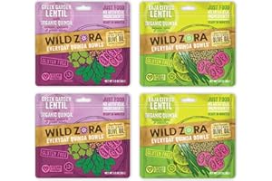 Wild Zora Instant Organic Quinoa Meals - Quick & Tasty Prepared Quinoa Bowls, Pantry Staples Gluten-Free Meal with Lentils Plus 10g Olive Oil Packet - Vegan Variety Sampler (4-Pack)
