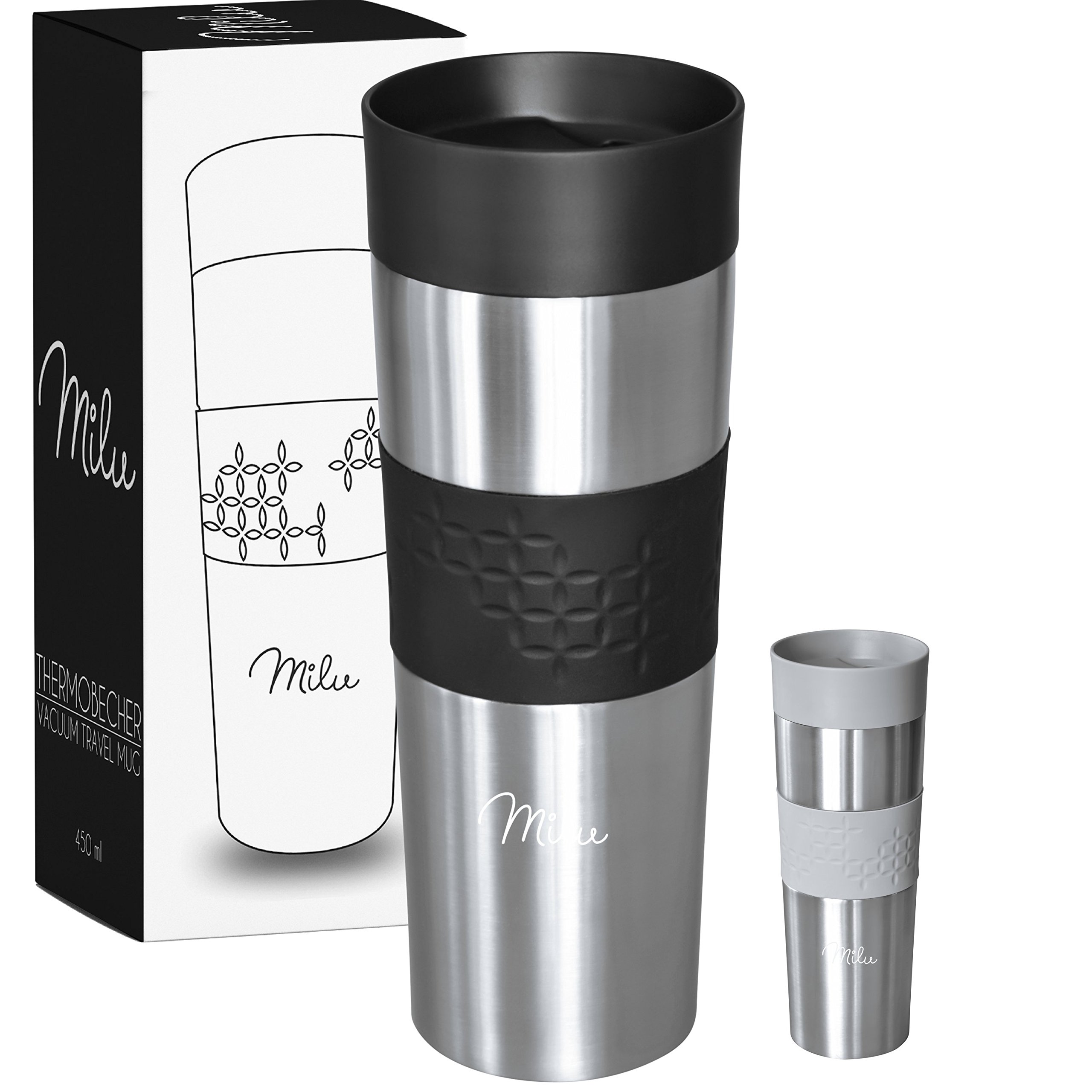 Milu Thermobecher to go 450ml - 100% Auslaufsicher - Isolierbecher aus Edelstahl - Autobecher - Trinkbecher doppelwandig - Kaffeebecher to go Thermo - Reisebecher (Schwarz)