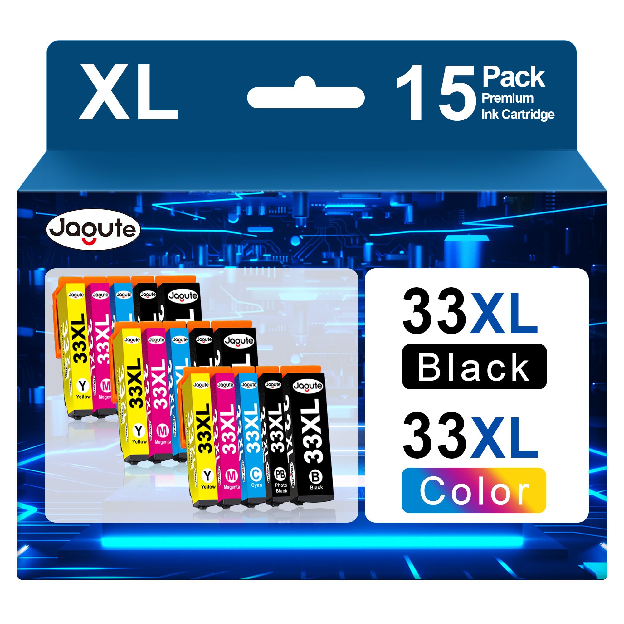 15 Pack 33XL Ink Cartridges Multipack for Epson 33 33XL Ink Compatible with Epson Expression Premium XP-530 XP-540 XP-630 XP-640 XP-645 XP-830 XP-900 XP-7100 (Black Photo Black Cyan Magenta Yellow)