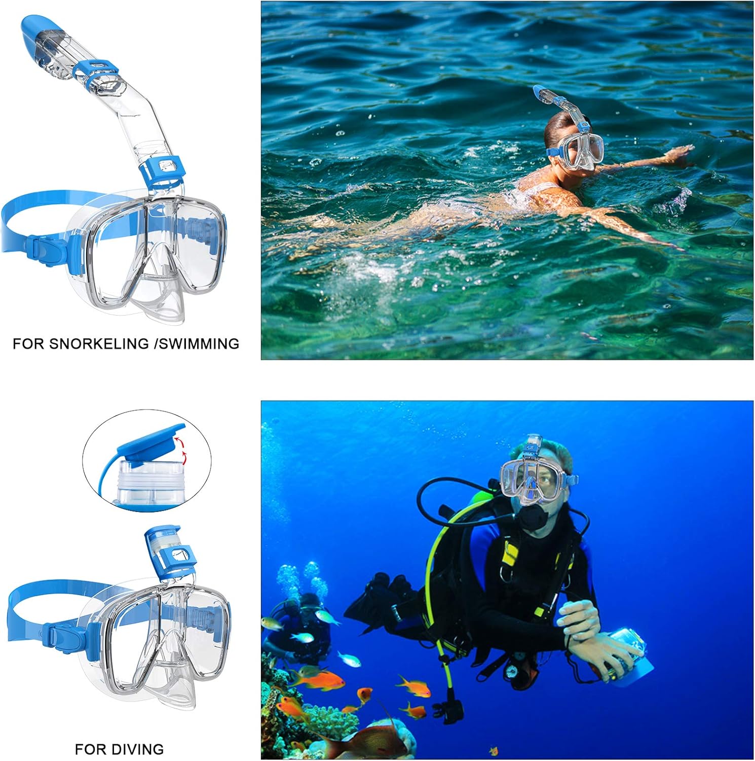 Bairuifu Snorkel Mask, 180 Degree Panoramic Anti-Fog Anti-Leak Scuba Diving Mask with Camera Mount ，Snorkeling Gear for Adults(White) : Sports & Outdoors