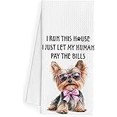 QEJ Funny Yorkshire Terrier Kitchen Dish Towels, Yorkie Gifts for Women, Dog Mom Gifts, Coquette Pink Bow Yorkie Decorative Hand Tea Towels for Bathroom Kitchen, 16x24 Inch