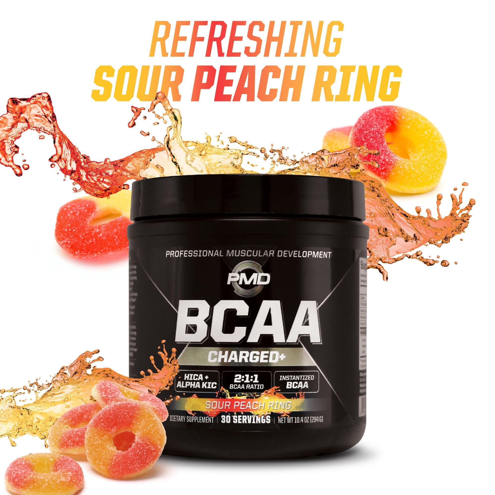 PMD Sports BCAA Charged Delicious Amino Acid Drink Mix for Performance and Recovery - Increase Muscle Function for Workout and Daily Energy - Sour Peach Ring (30 Servings)