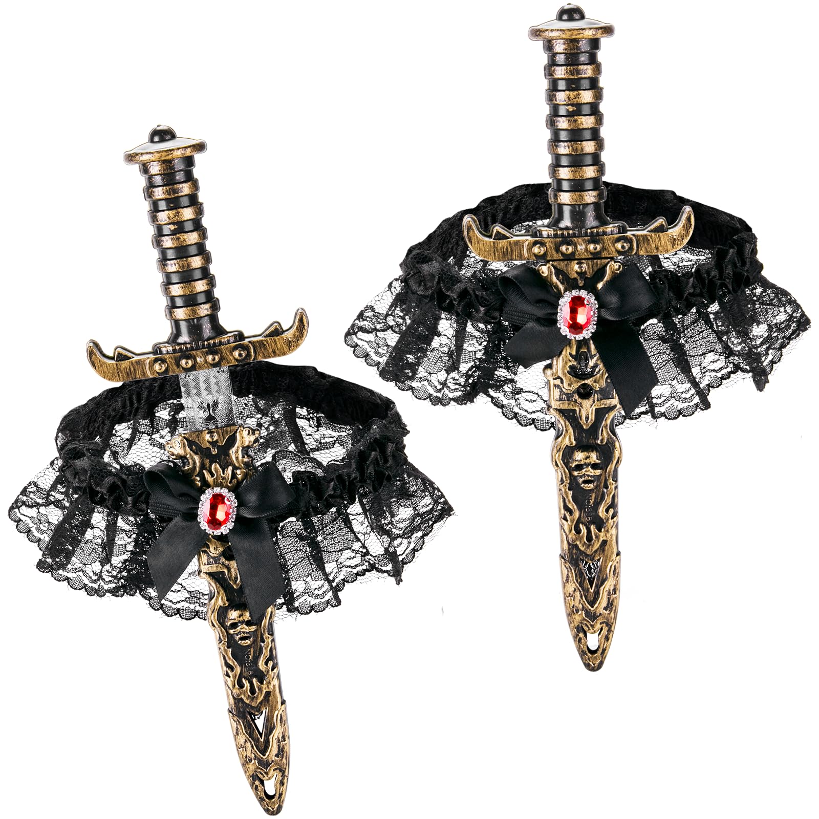 Photo 1 of ***Missing One***2 Pcs Pirate Sword Dagger with Lace Bow, Pirate Cosplay Women Plastic Sword Toy with Elastic Thigh Garter Pirate Accessories Women Bronze