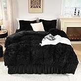 Litanika Black Fluffy Comforter King Size, Luxury Plush Faux Fur Bedding for King, Ultra Soft Warm Velvet Fuzzy Bed Set 3 Pieces(1 Shaggy Comforter 104×90 Inch, 2 Pillowcases)