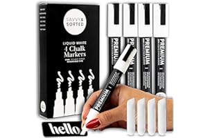 SAVVY & SORTED Erasable White Chalk Markers, 4PK 6mm Liquid Fine Tip Pens Chalkboard Bistro Marker for Glass Window Board
