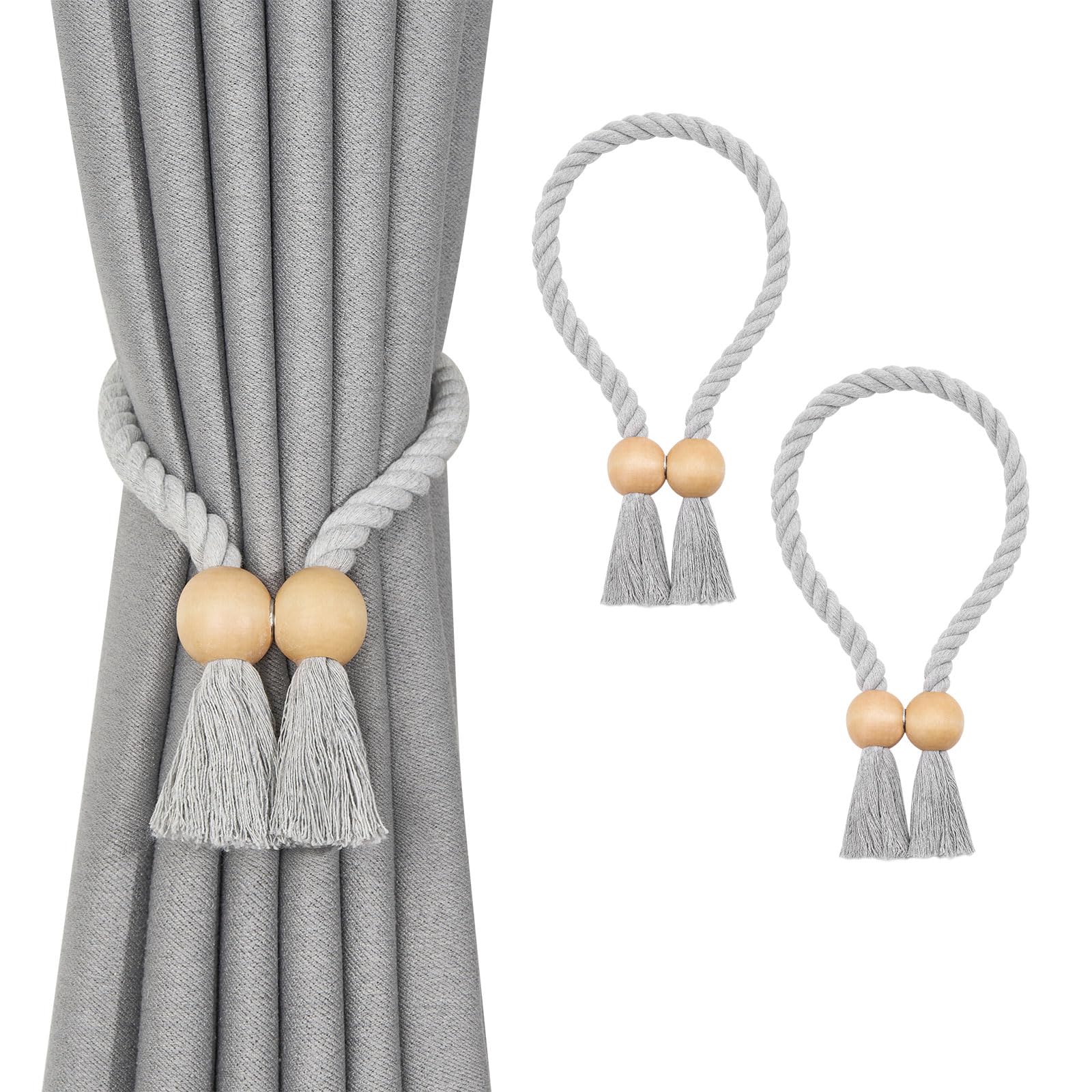 Pretty Jolly 2 Pack Wooden Ball Magnetic Curtain Tiebacks Boho Home Decor Drape Tie Backs Natural Cotton Hand Woven Rope Curtain Holdbacks for Thin & Thick Home Office Window Draperies (A-Light Grey)