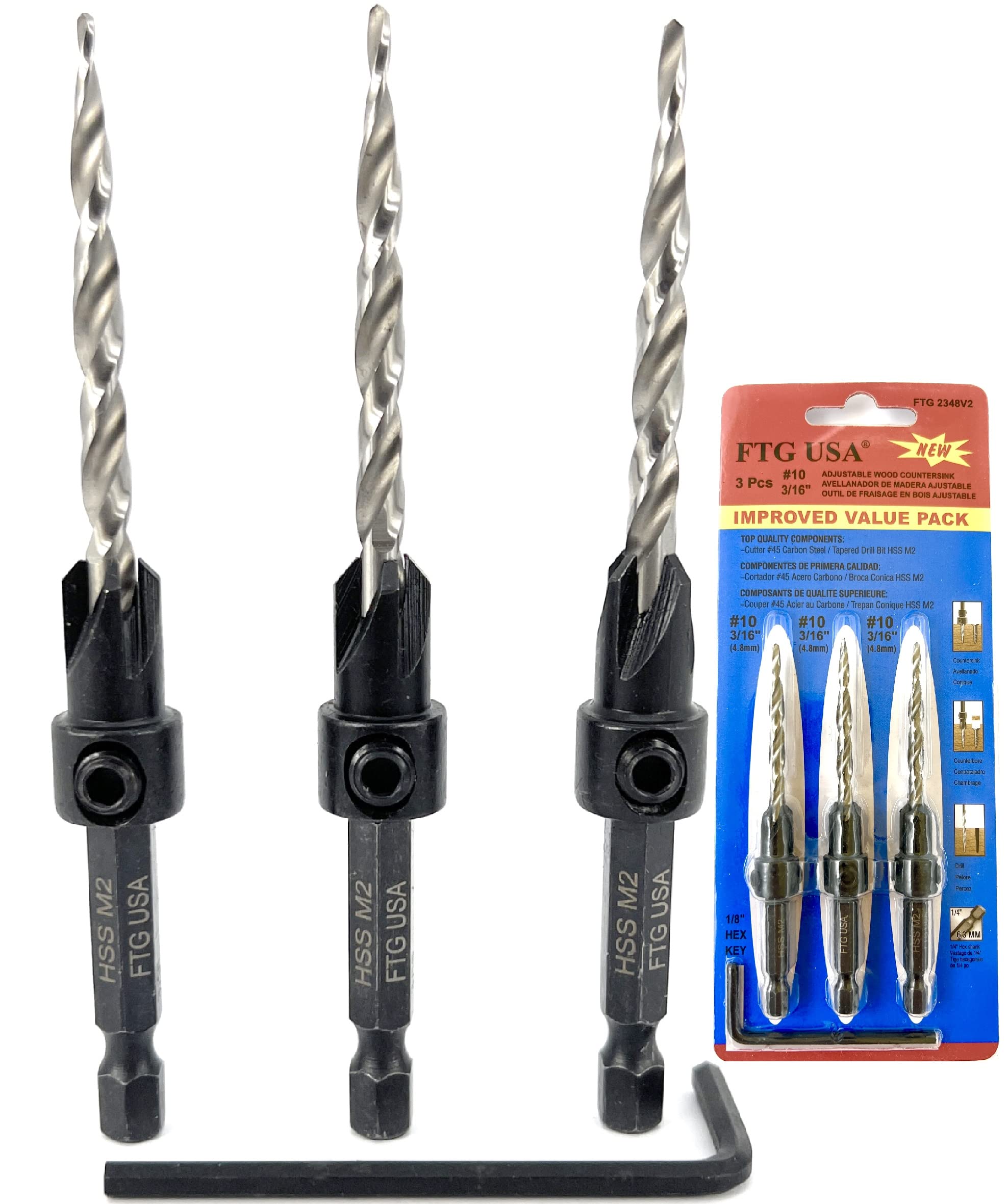 FTG USA Adjustable Wood Countersink Drill Bit Set 3 Pc #10 (3/16") with Tapered Drill Bits