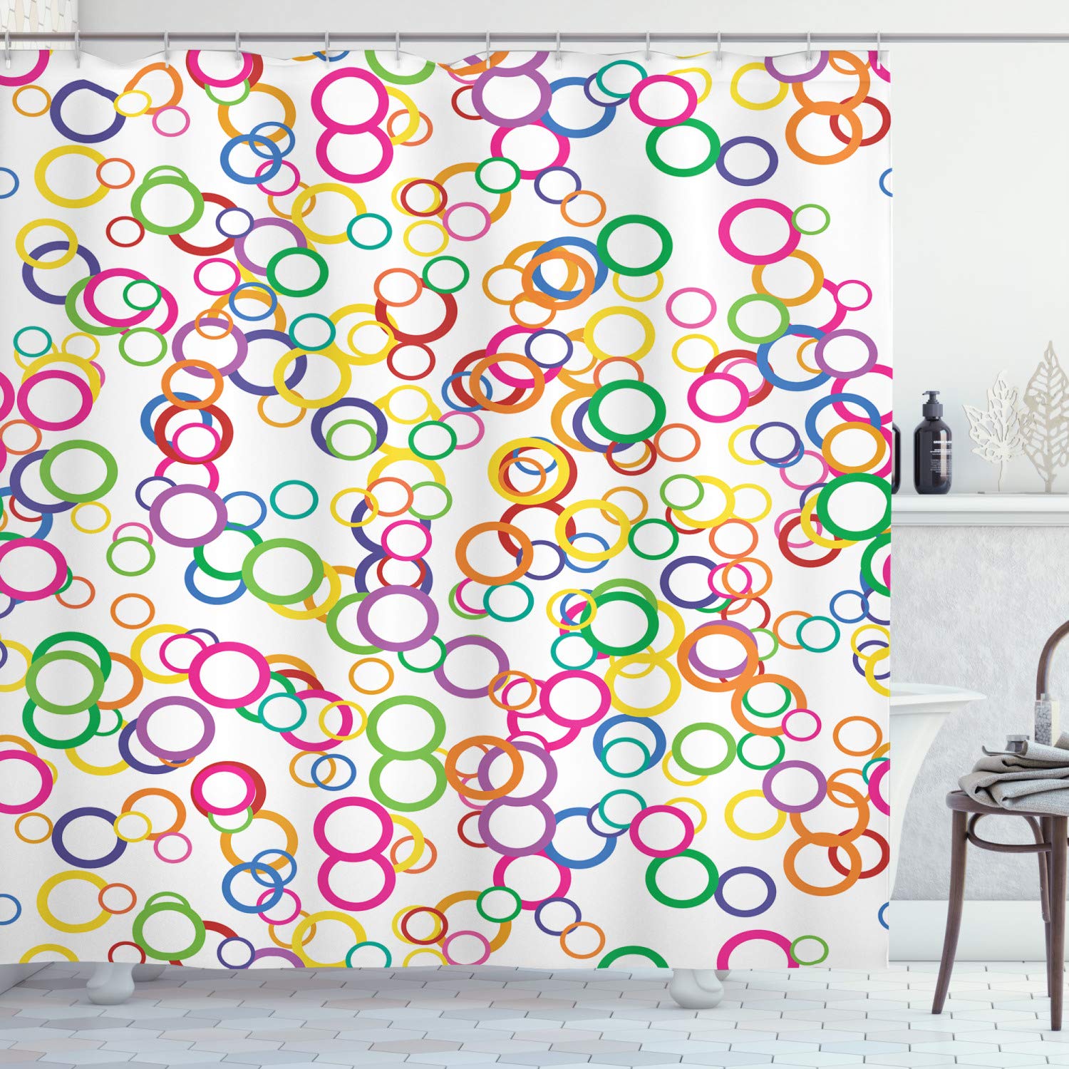 ABAKUHAUS Rainbow Shower Curtain, Circles Rainbow Party Gatherings Spectrum Round Summertime Joy, Cloth Fabric Bathroom Decor Set with Hooks, 94 Inches, Lavender Salmon