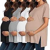 Baggyfly 4 Pack Maternity Shirts Split Side Cotton Pregnancy Tops Loose Fit Crewneck Short Sleeve Casual Maternity Clothes