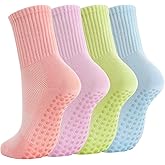 Breslatte Crew Pilates Socks with Grips for Women Non Slip Cotton Grip Socks for Yoga Hospital Barre Home Daily