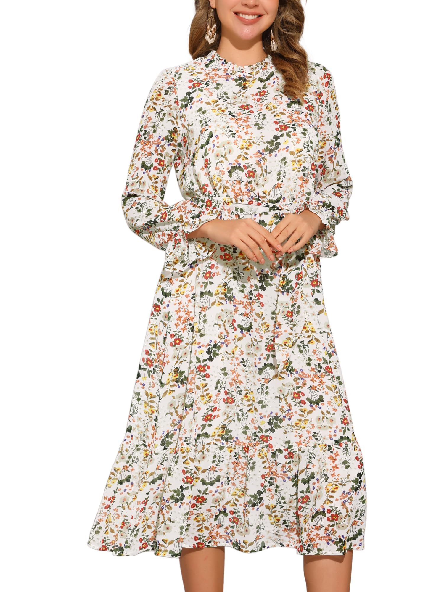 Photo 1 of Allegra K Fall Casual Floral Dress for Women 2025 Long Sleeve Crew Neck Chiffon Midi Tea Party Ruffle Dresses Large White