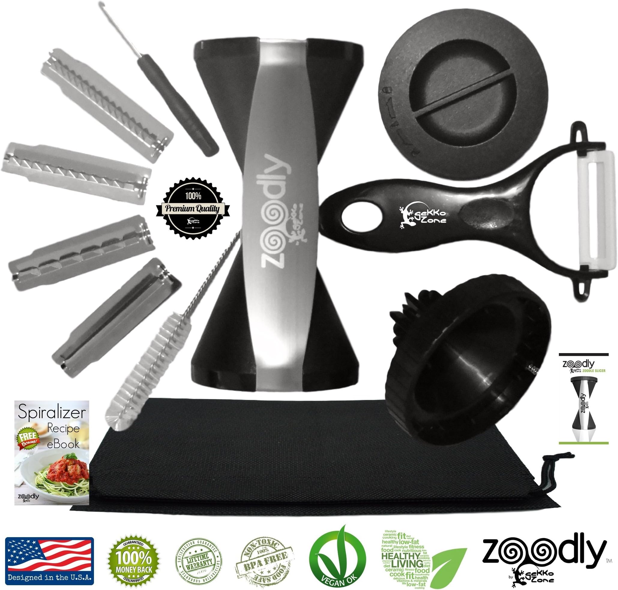[Zoodly by gekkoZone] Premium 4-Blade Vegetable Spiral Slicer Bundle: New 4-in-1 Large 4 Blade Spiralizer with Recipe eBook, Ceramic Peeler and Pouch - Ultimate Zoodle Slicer