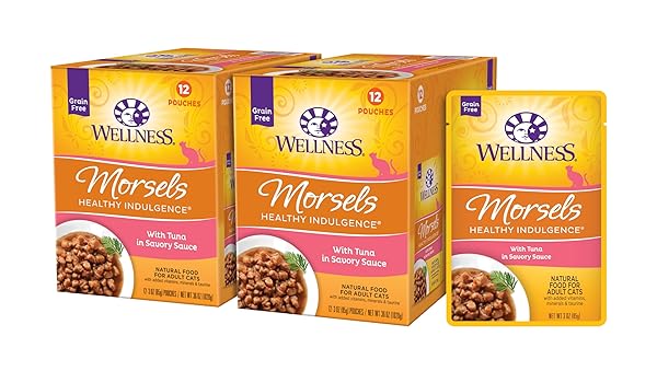 WELLNESS HEALTHLY INDULGENCE MORSELS ADULT WET CAT FOOD, NATURAL, PROTEIN-RICH, GRAIN FREE, 3 OUNCE POUCH, 24 PACK, (TUNA)