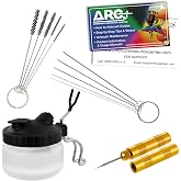 Master Airbrush 13 Piece Airbrush Cleaning Kit, Needles, Brushes, Glass Pot | Glass Cleaning Pot Jar with Holder, 5 pc Cleaning Needles, 5 pc Cleaning Brushes, 1 Wash Needle, &amp; How to Link Card