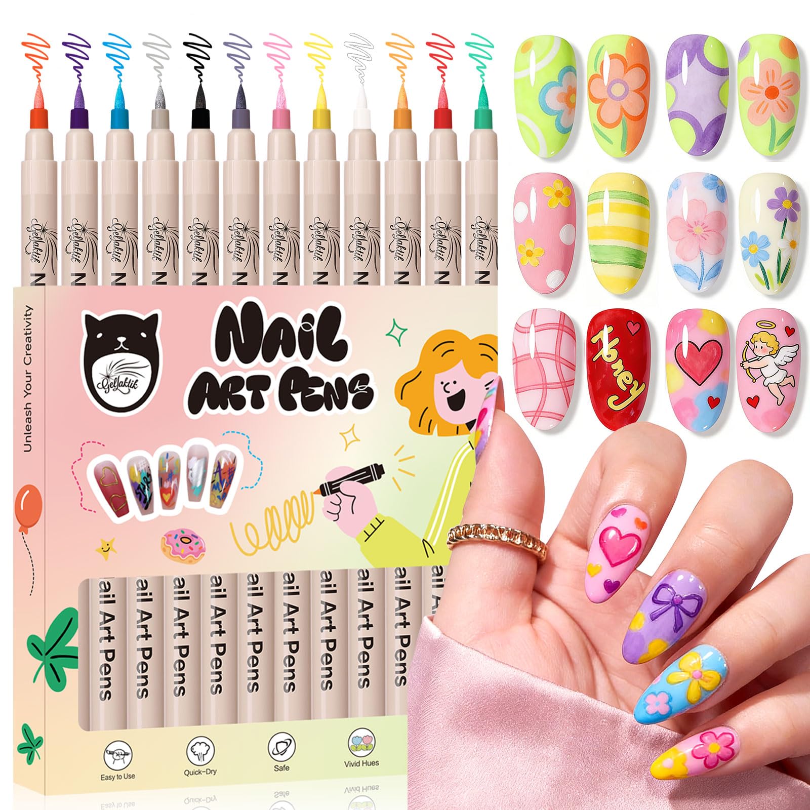 Photo 1 of 12 Color Nail Art Pens, 3D Nail Polish Pens Set 0.7mm Quick-Drying Acrylic Paint Markers Dotting Liner Drawing Pen Manicure Tools Set for Nail Design, DIY Home Salon Manicure Tools