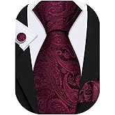 Barry.Wang Men Tie Set Paisley Silk Necktie Pocket Square Cufflinks Formal Wedding Business Party