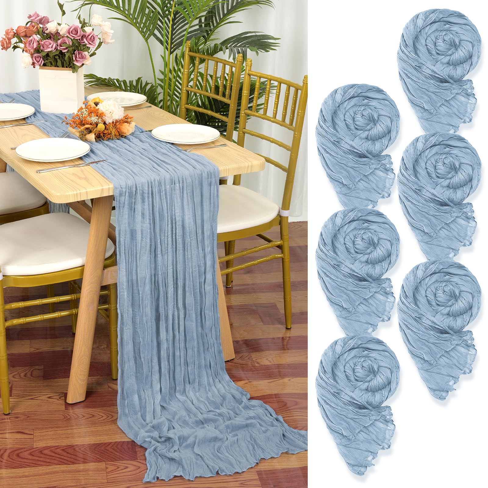 YMHPRIDE 6 Packs Cheesecloth Table Runner Dusty Blue, 90x300cm Blue Rustic Gauze Fabric Boho Table Runner, Cheesecloth Wedding Table Decor for Wedding Party Bridal Shower Table Decorations