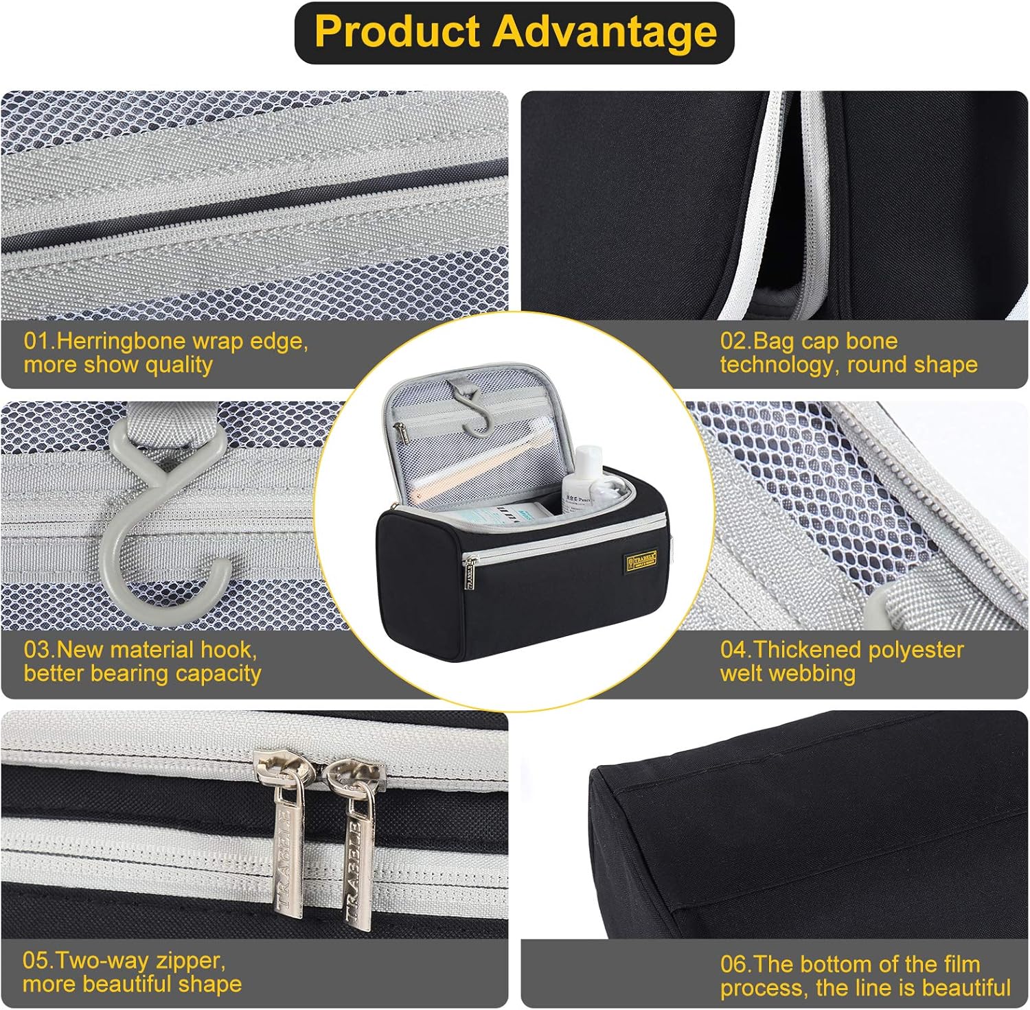 Travel Toiletry Bag for Womens Men, Water Resistant hanging Makeup Cosmetic Bags Shaving with Travel Gifts Hook Dopp Shampoo Large Capacity Bathroom and Shower Organizer Kit for Accessories（black）