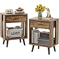 GYIIYUO Nightstand Set of 2 with Fabric Drawers and Open Shelves - Rustic Bedroom Side Tables