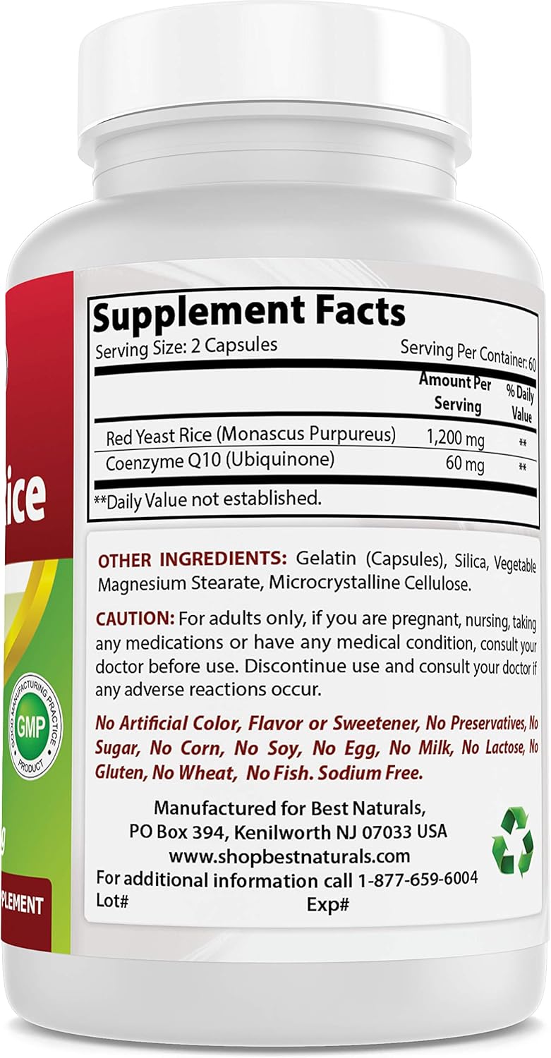 Best Naturals Red Yeast Rice with CoQ10, 120 Capsules - Cardiovascular Formula Contains 600 mg of Red Yeast Rice ans 30 mg of CoQ10: Health & Personal Care