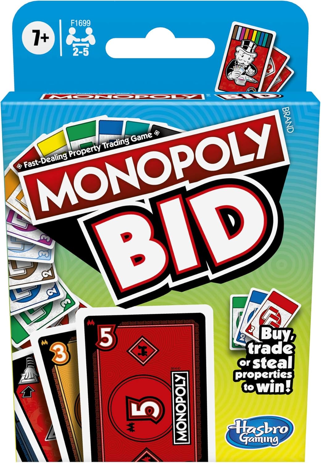 Monopoly Bid Game, Quick-Playing Card Game For 4 Players, Game For Families And Kids Ages 7 And Up, Multicolor, 92mm x 19mm x 143mm