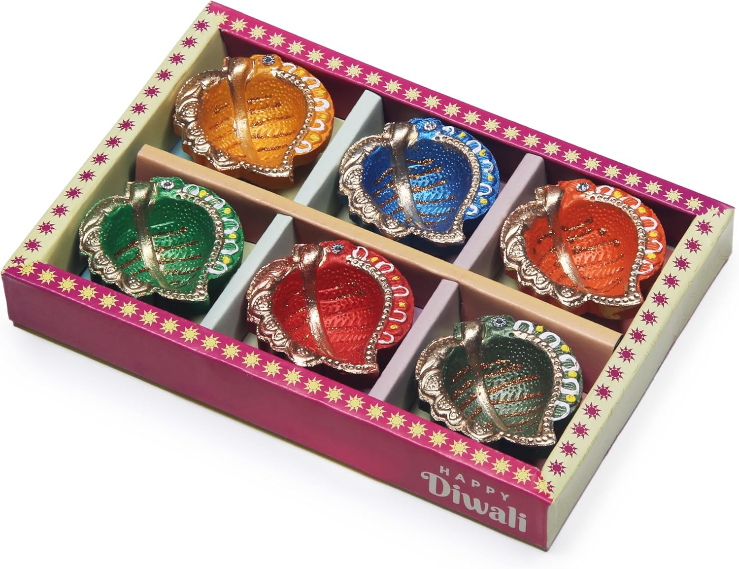 Oil Lamps & Accessories - Handmade Terracoaat Set of 6 Multicoloed Leaf Design Clay Diya for Diwali/Navratri Decorations Oil Lamp Diwali Clay Diya Tea Light Holder Indian Decor Festival Gifts Puja Items