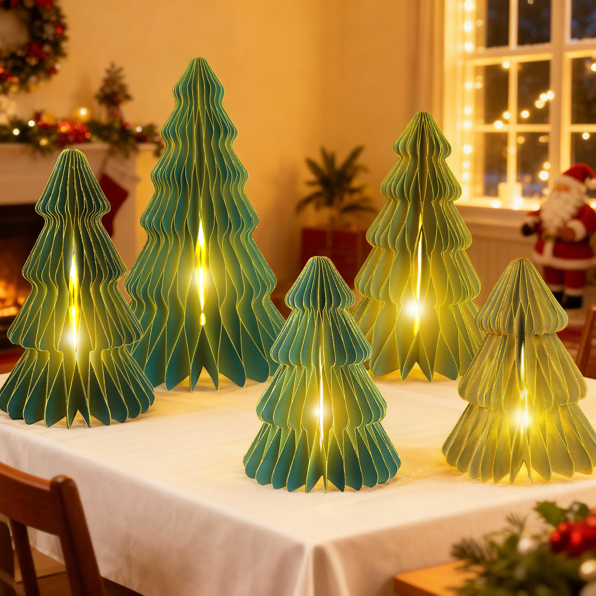 Photo 1 of 5Pcs Large Green Christmas Table Decorations Paper Christmas Trees, Light Up Honeycomb Xmas Tree Centerpieces for Tables, Christmas Frozen Winter Wonderland Party Vintage Home Decor, 12/14/16 Inch