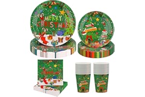 Arosche 96-Piece Green Christmas Party Supplies Set: 24 Disposable Paper Plates (9" Dinner, 7" Dessert), 24 Napkins, 24 Paper Cups (9oz), Merry Christmas Winter Holiday Tableware Decor