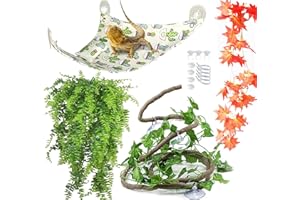 Claymmny 5-in-1 Reptile Terrarium Decoration Set, Bearded Dragon Hammock with Jungle Vines Artificial Plants Leaves Habitat A