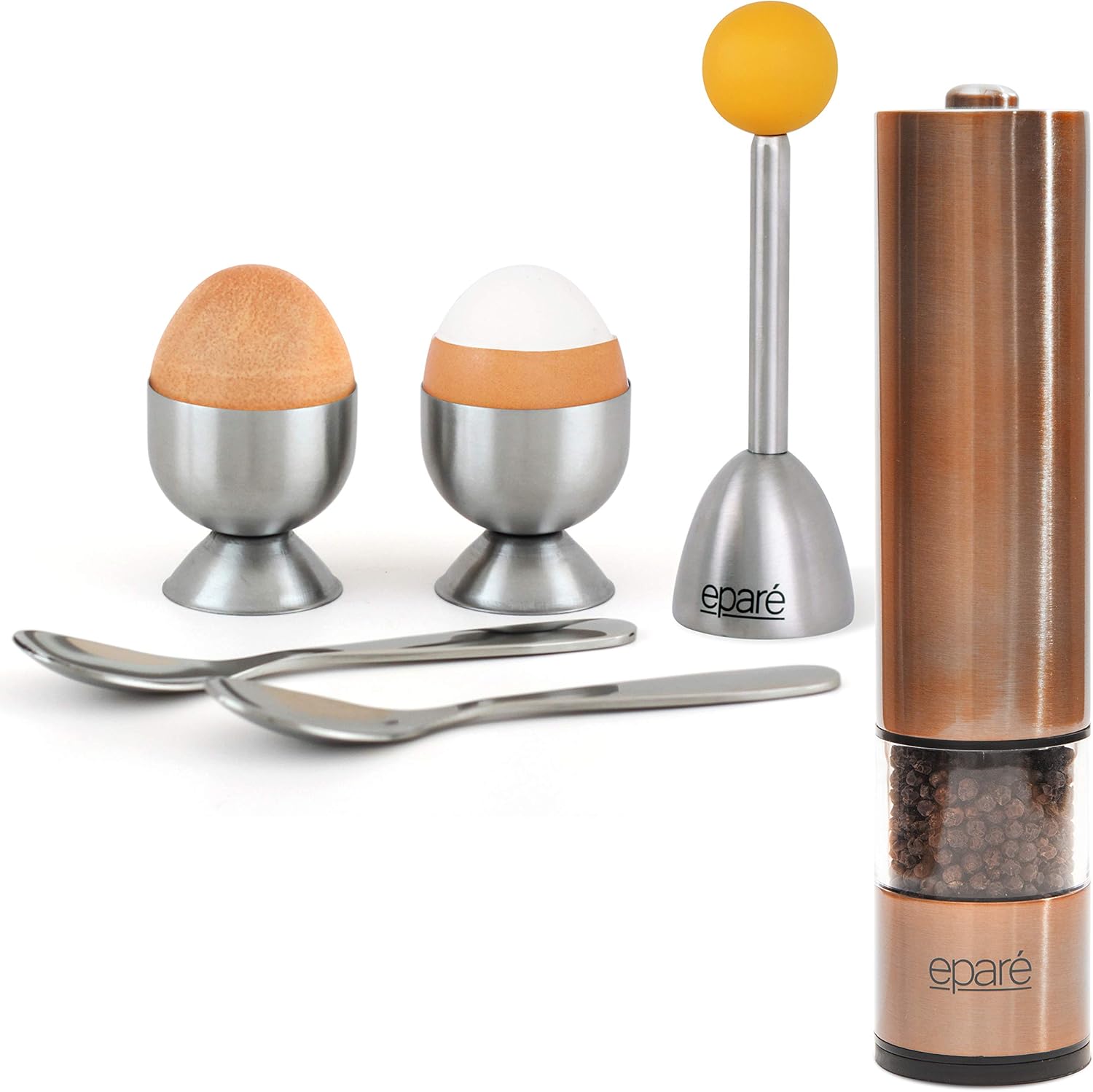 Eparé Bundle: Egg Cracker Topper Set & Salt or Pepper Grinder - Complete Soft Boiled Egg Tool Set & Battery Operated Ceramic Burr Stainless Steel Peppermill