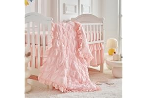 UOZZI BEDDING Ruffled Crib Bedding Set Baby Boho Quilted Comforter with Fitted Sheet and Bed Skirt - Cute Soft Breathable Seersucker Ruffled Shabby Chic Bedding Soft Blanket Design - Pink