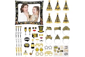 46 Pack New Year Photo Booth Props 2026, Black Gold New Years Decorations Include Photo Frame Hat Temporary Tattoos, New Year