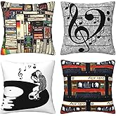 Set of 4 Throw Pillow Covers Vintage Music Cassette Tape Sound Magnetic Tape Vinyl Records Symbol Decorative Pillow Cases Home Decor 18x18 inches Square Pillowcases
