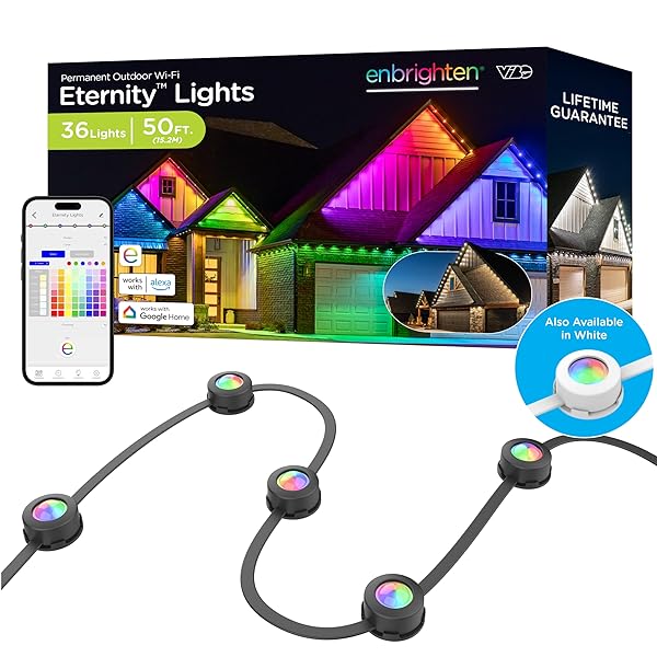 ENBRIGHTEN VIBE ETERNITY PERMANENT OUTDOOR LIGHTS FOR HOUSE, 50FT, 36 RGBWIC LEDS, CLOSE SPACING, 33LM, COLOR CHANGING, CHRISTMAS, EAVE LIGHTING, SMART APP, WORKS WITH ALEXA, GOOGLE HOME, 82730